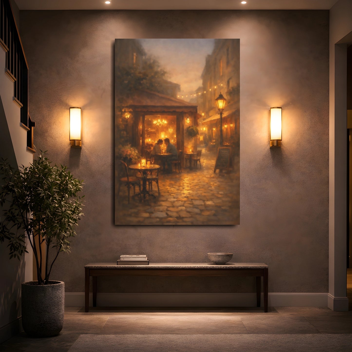 Mockup 4. Vintage Street Cafe Warm Evening Cafe shown as stretched canvas wall art