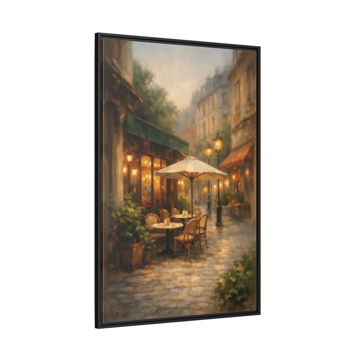 Main Mockup. Vintage Street Cafe Warm Tones Cityscape shown as stretched canvas wall art