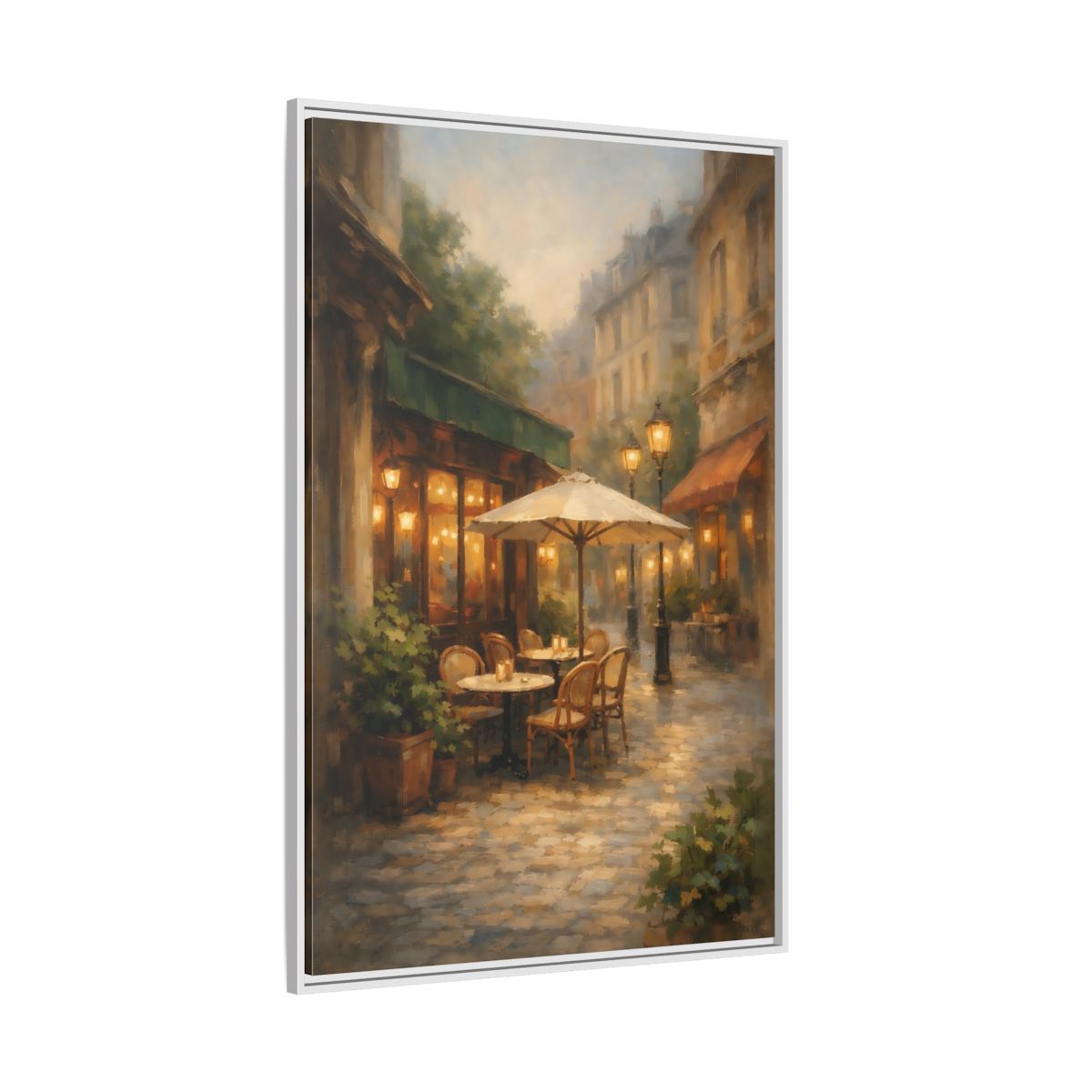 Side Mockup 7. Vintage Street Cafe Warm Tones Cityscape shown as stretched canvas wall art