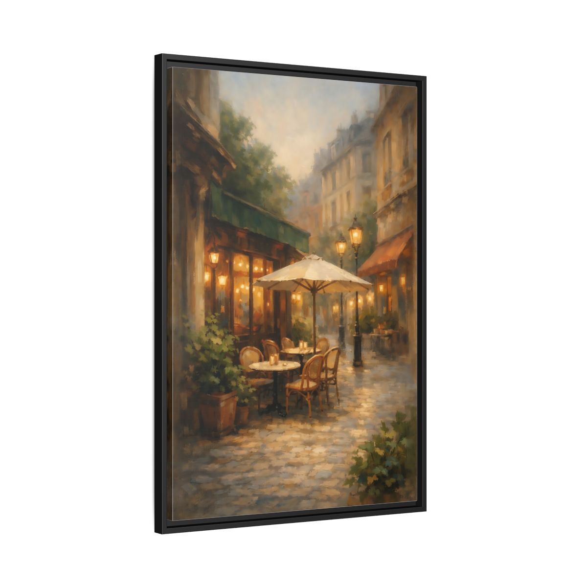 Side Mockup 13. Vintage Street Cafe Warm Tones Cityscape shown as stretched canvas wall art