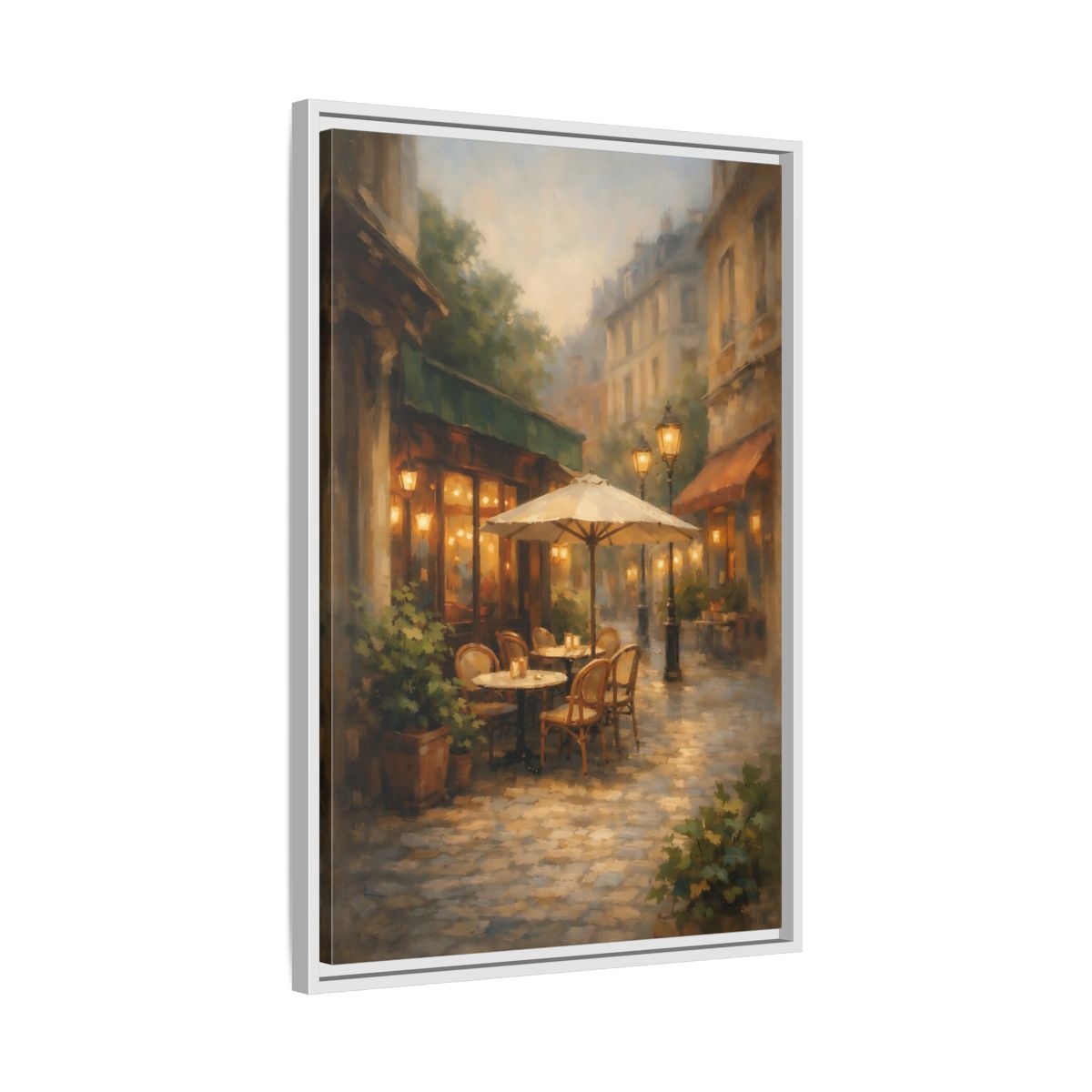 Side Mockup 11. Vintage Street Cafe Warm Tones Cityscape shown as stretched canvas wall art