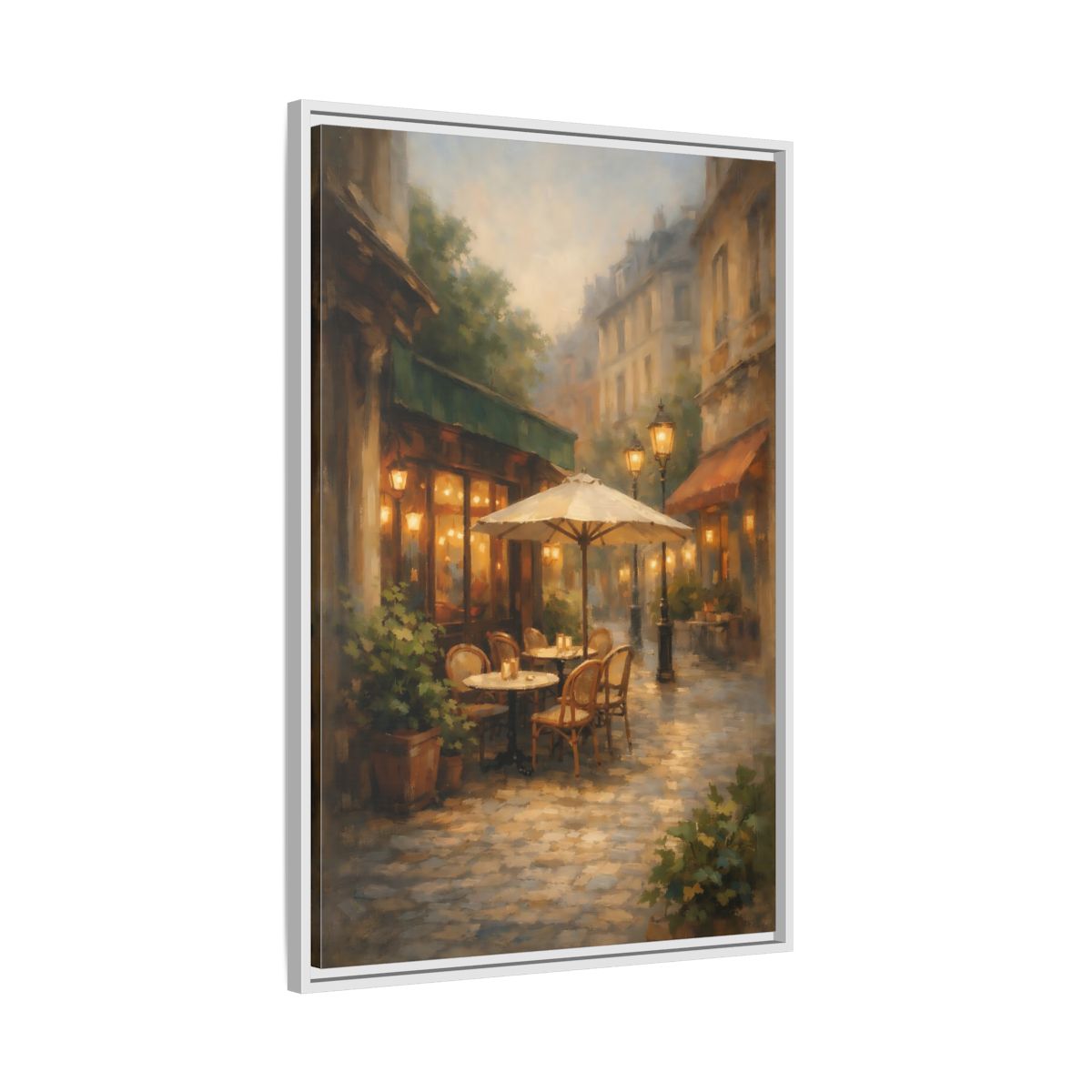 Side Mockup 9. Vintage Street Cafe Warm Tones Cityscape shown as stretched canvas wall art