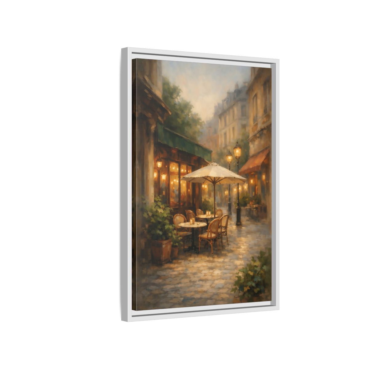 Side Mockup 1. Vintage Street Cafe Warm Tones Cityscape shown as stretched canvas wall art
