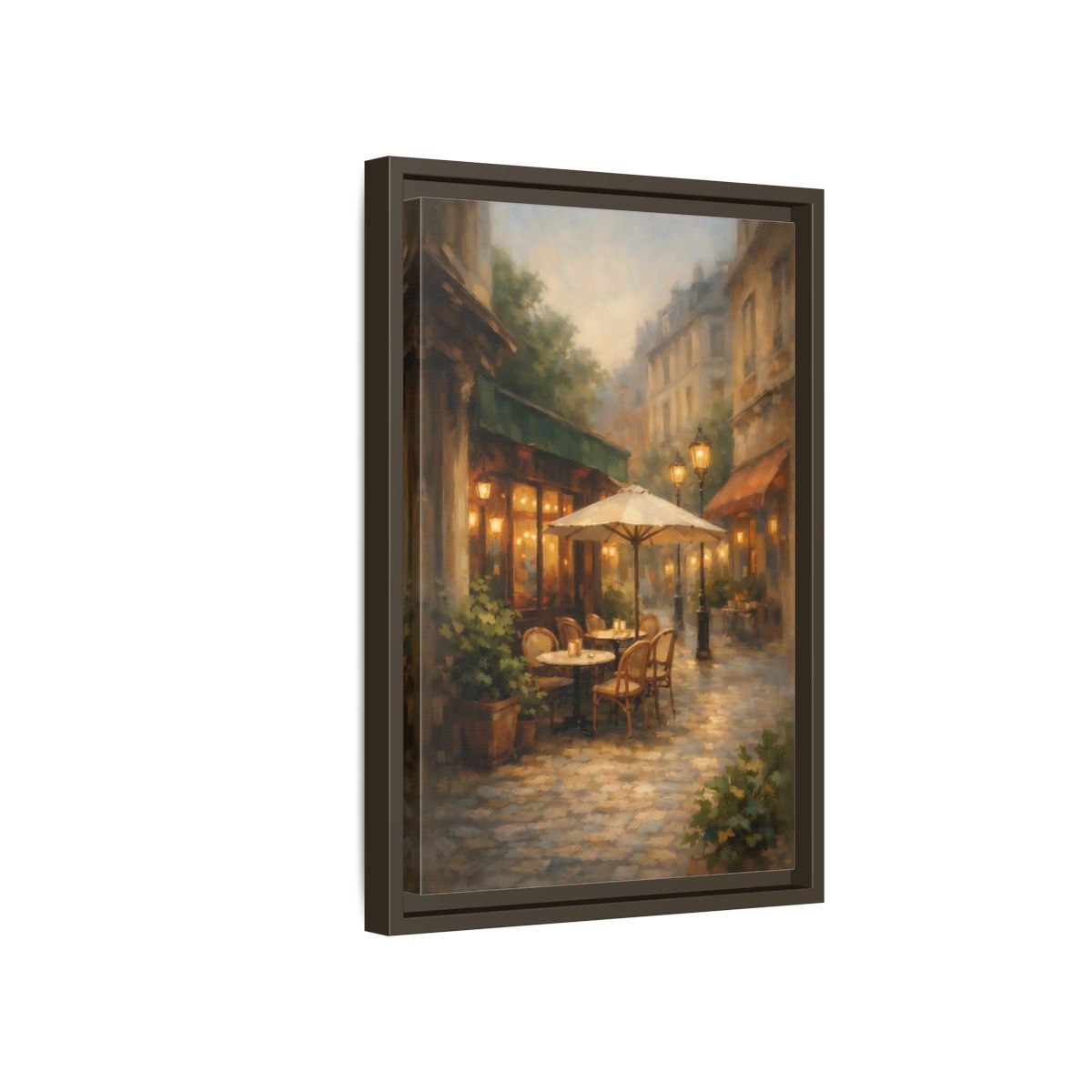 Side Mockup 5. Vintage Street Cafe Warm Tones Cityscape shown as stretched canvas wall art