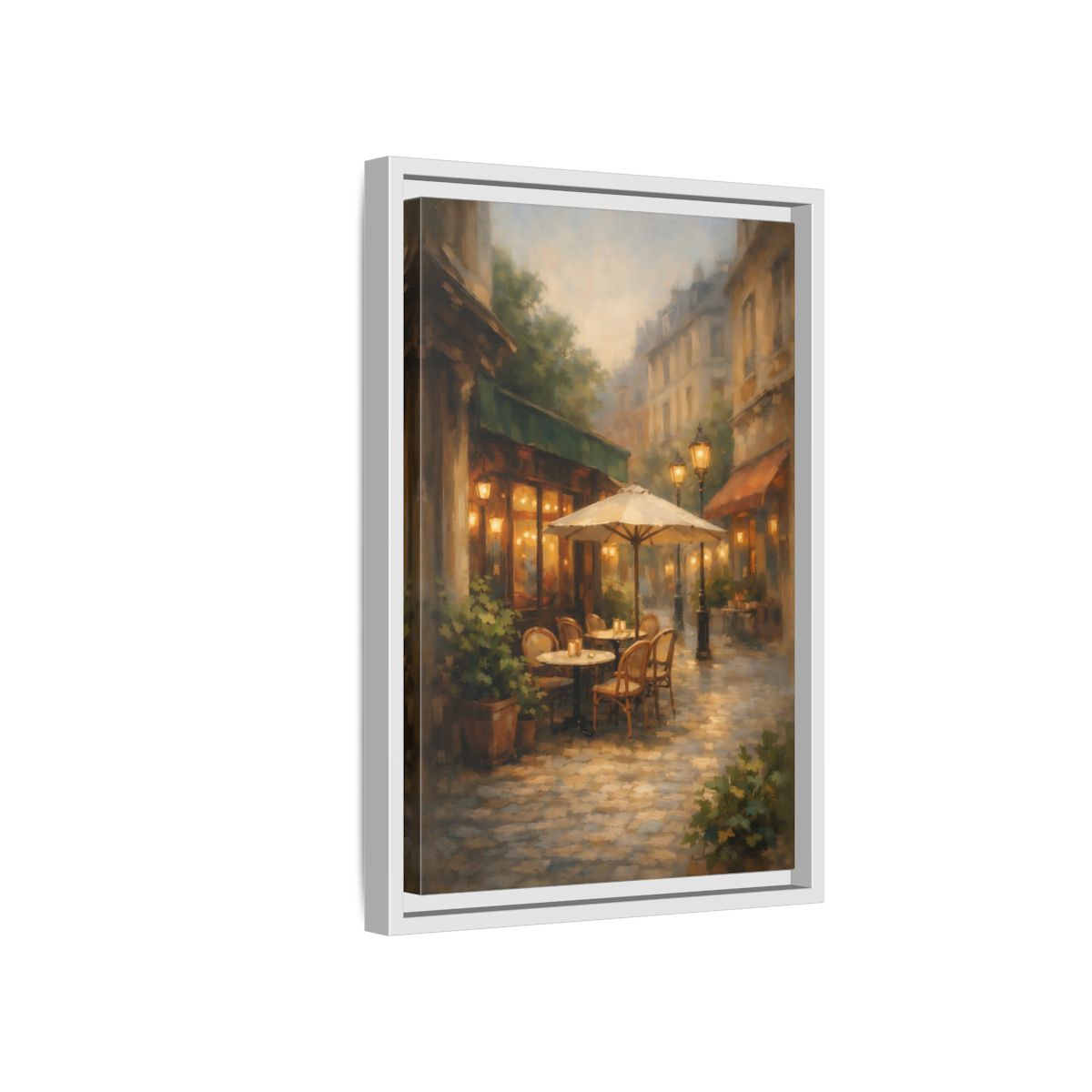 Side Mockup 4. Vintage Street Cafe Warm Tones Cityscape shown as stretched canvas wall art