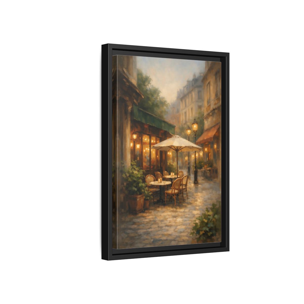Side Mockup 6. Vintage Street Cafe Warm Tones Cityscape shown as stretched canvas wall art