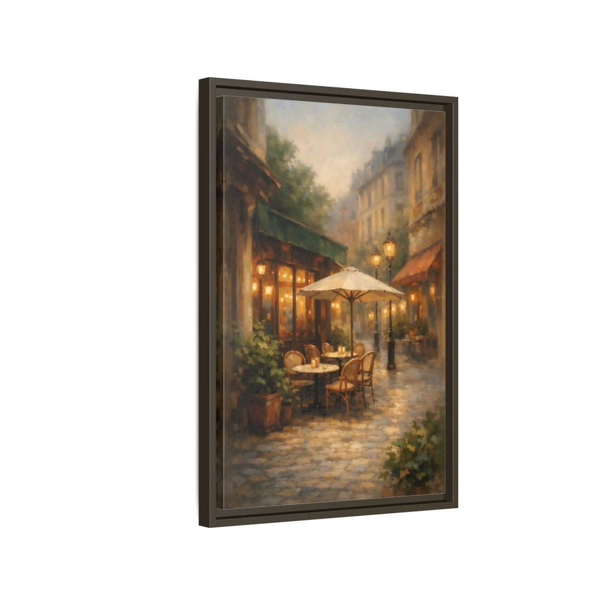 Side Mockup 2. Vintage Street Cafe Warm Tones Cityscape shown as stretched canvas wall art
