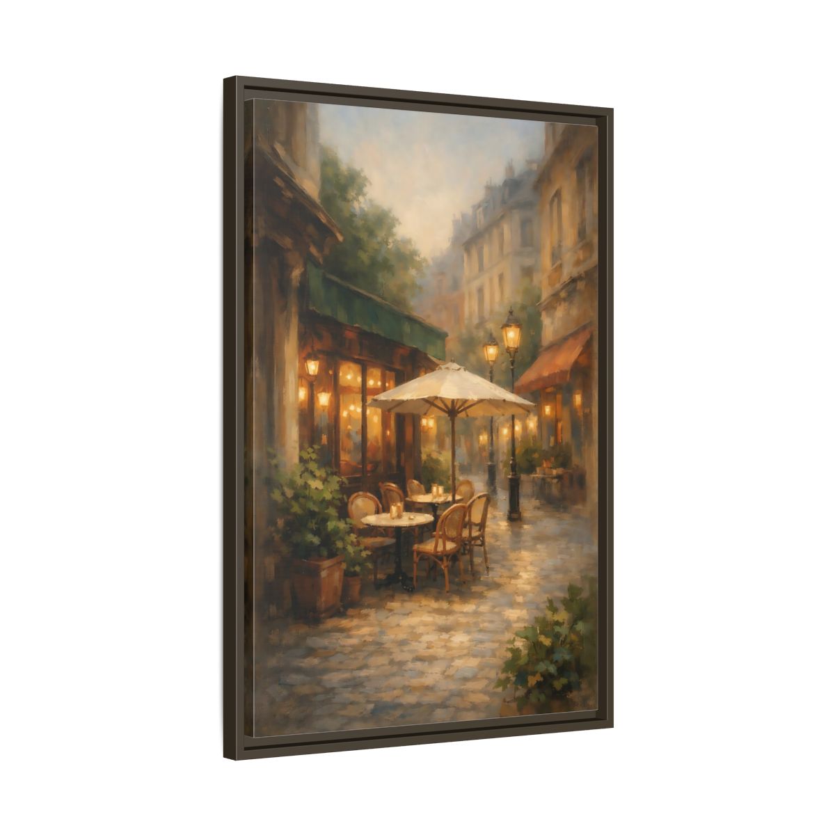 Side Mockup 12. Vintage Street Cafe Warm Tones Cityscape shown as stretched canvas wall art