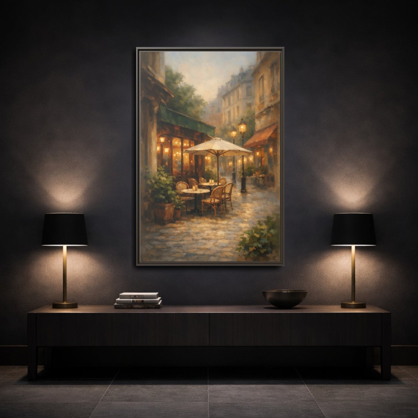 Mockup 2. Vintage Street Cafe Warm Tones Cityscape shown as stretched canvas wall art