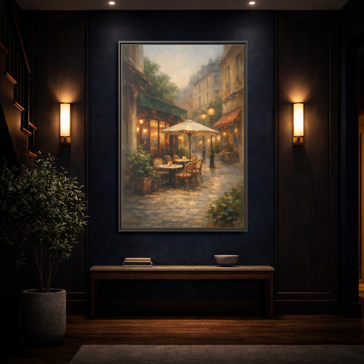 Mockup 3. Vintage Street Cafe Warm Tones Cityscape shown as stretched canvas wall art