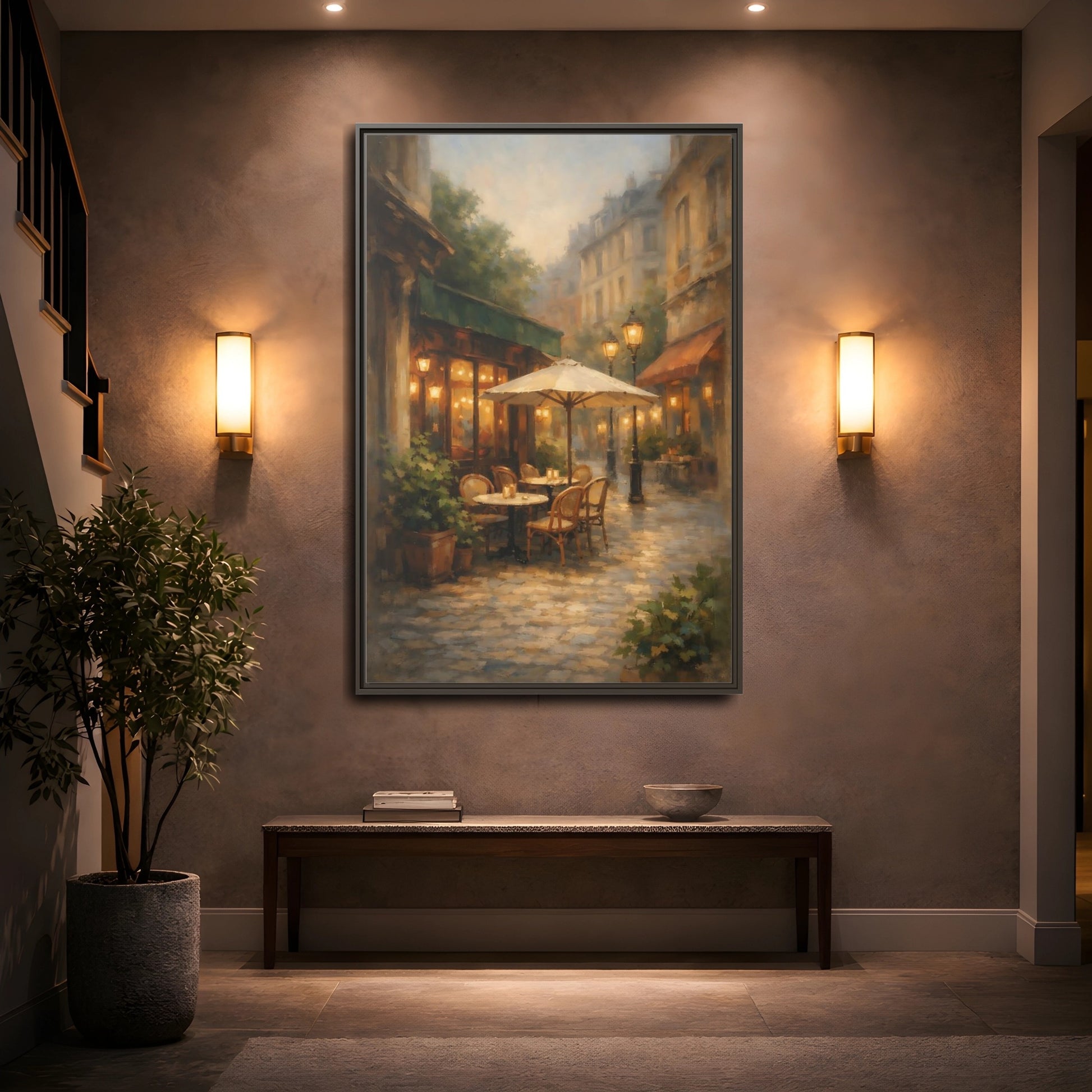 Mockup 4. Vintage Street Cafe Warm Tones Cityscape shown as stretched canvas wall art