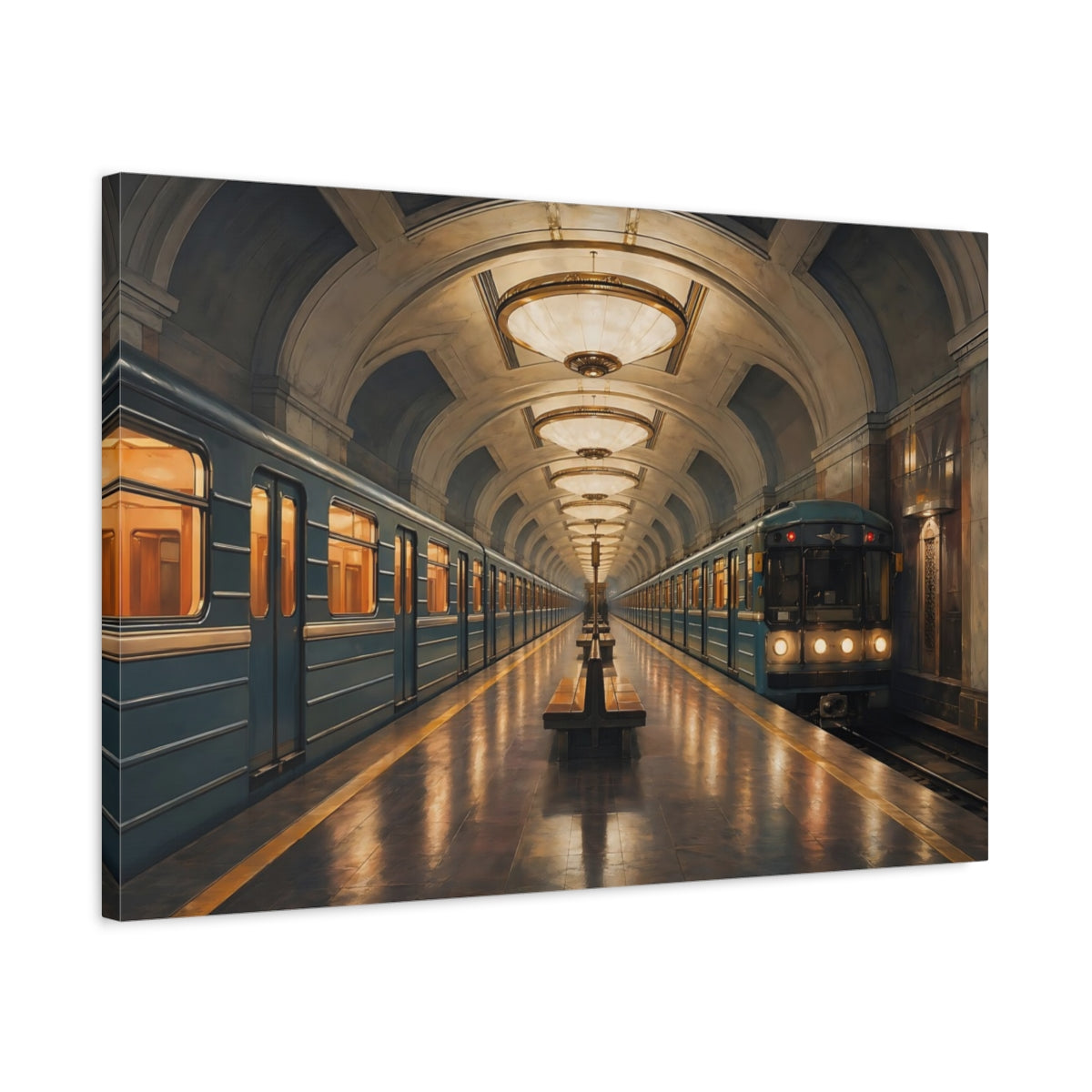 Side Mockup 2. Vintage Subway Station Blue And Gold shown as stretched canvas wall art