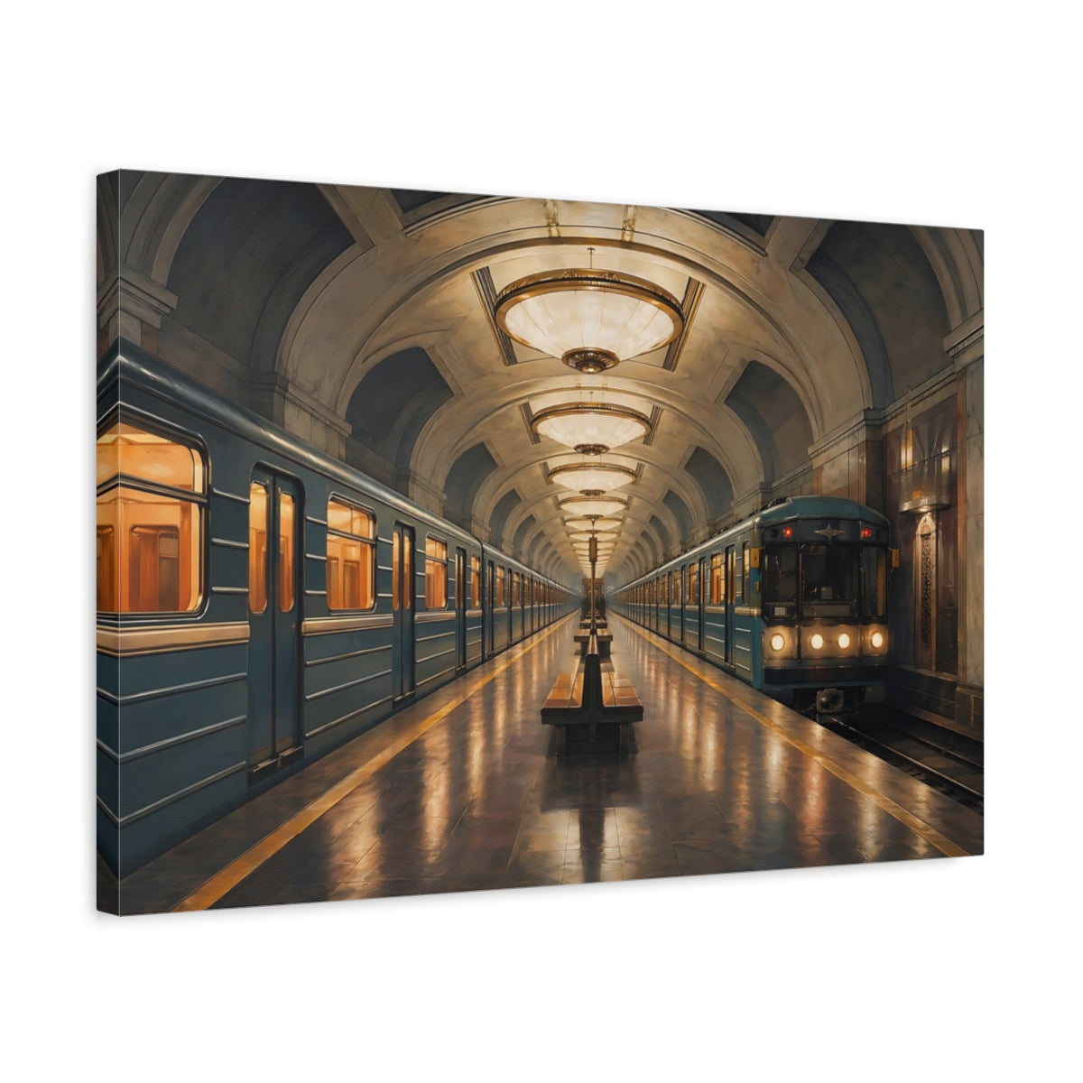 Side Mockup 3. Vintage Subway Station Blue And Gold shown as stretched canvas wall art
