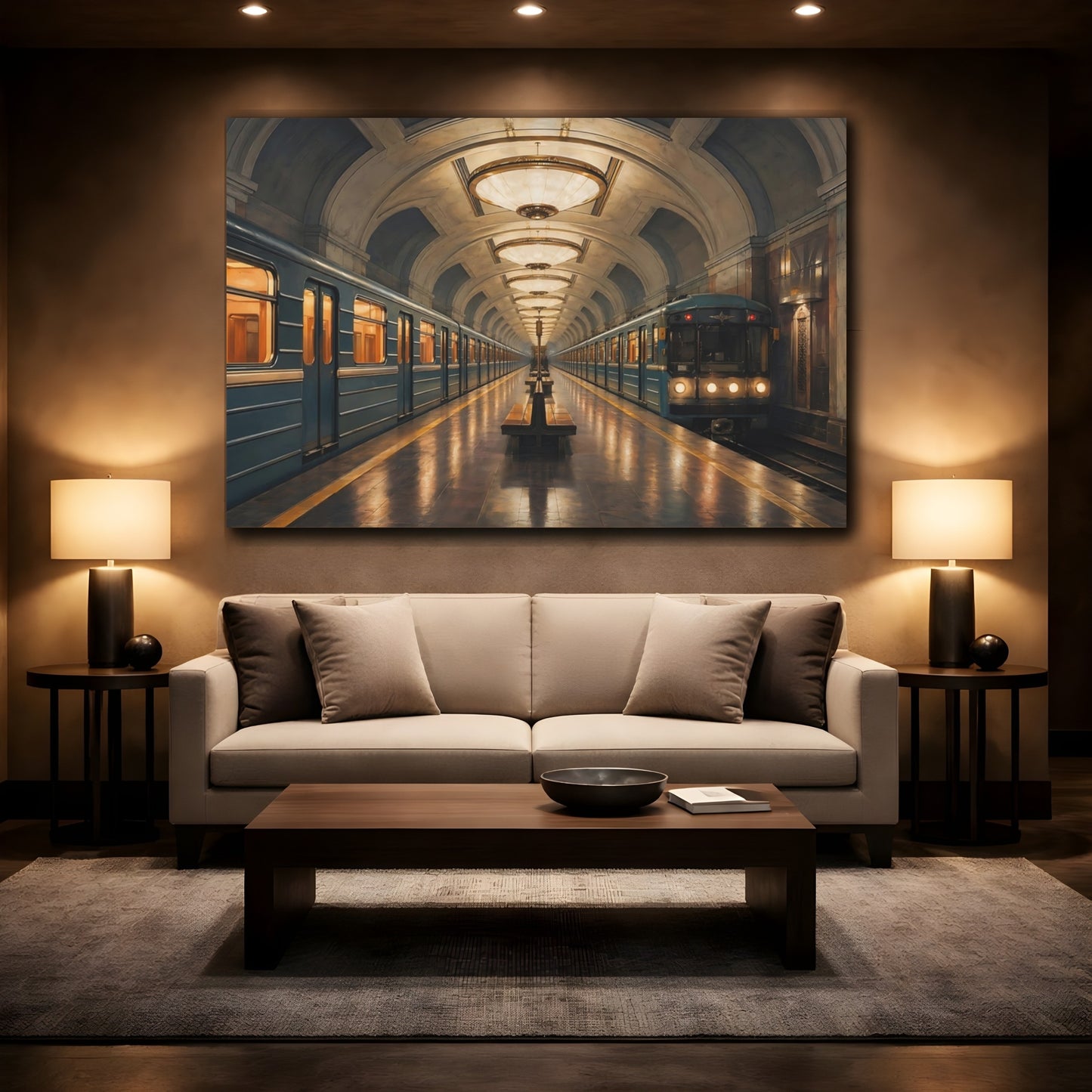 Mockup 2. Vintage Subway Station Blue And Gold shown as stretched canvas wall art