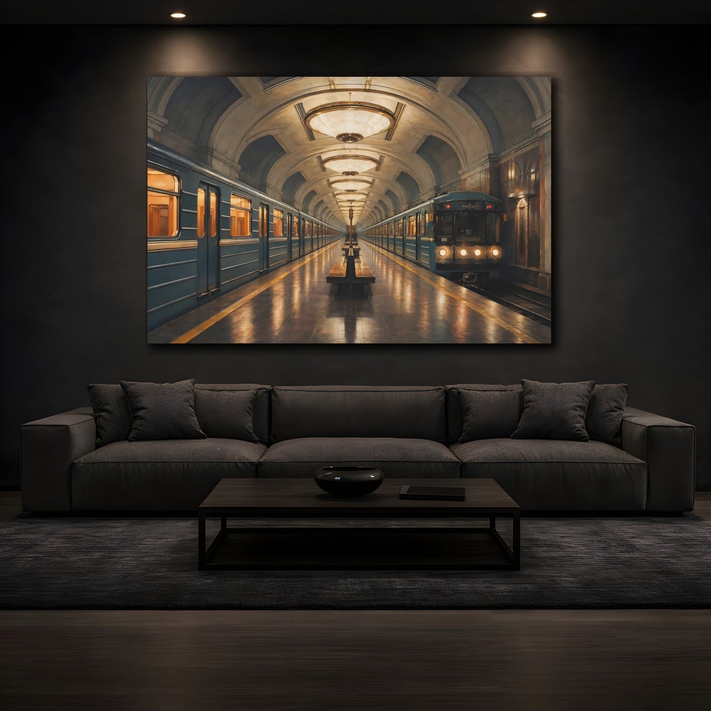 Mockup 3. Vintage Subway Station Blue And Gold shown as stretched canvas wall art