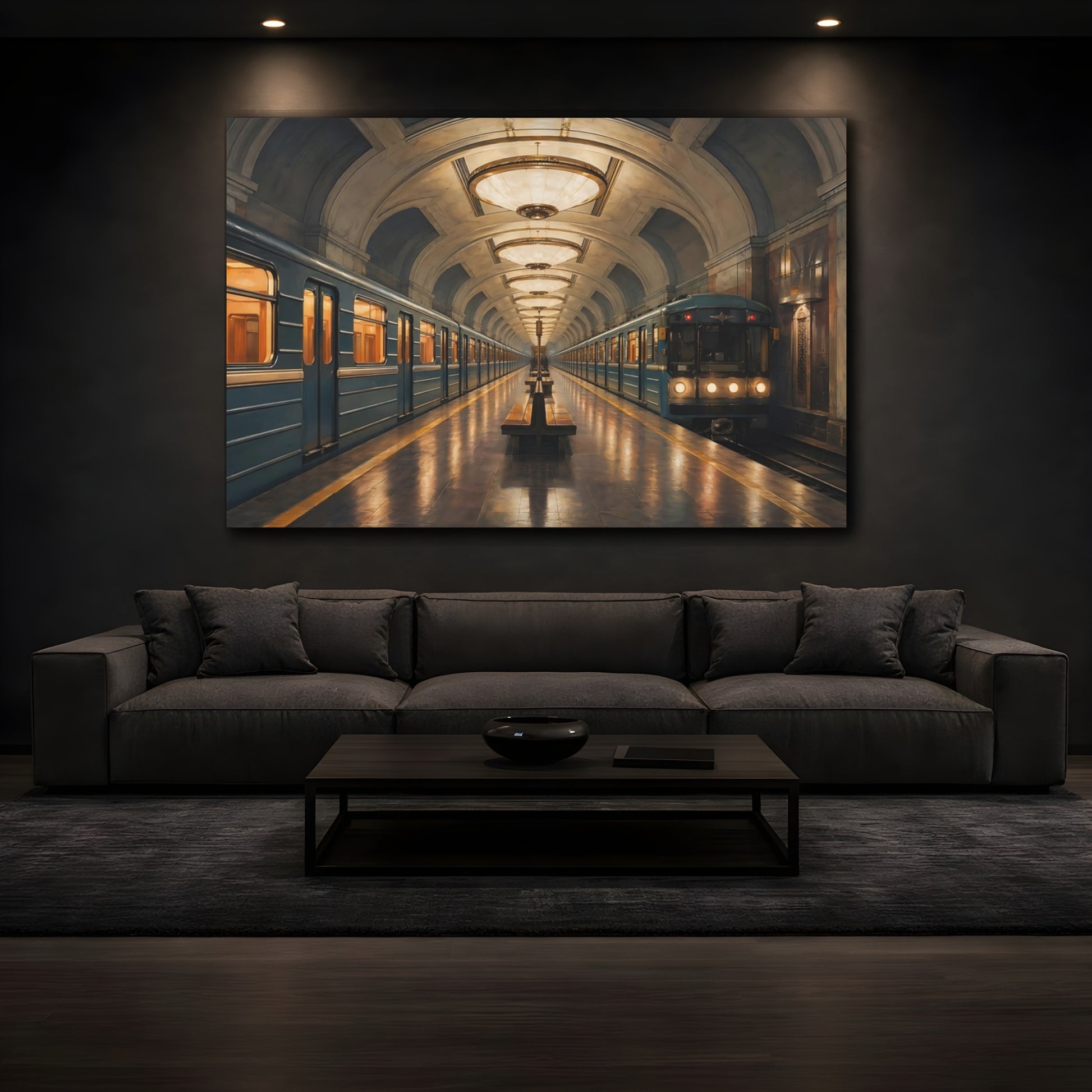Mockup 3. Vintage Subway Station Blue And Gold shown as stretched canvas wall art