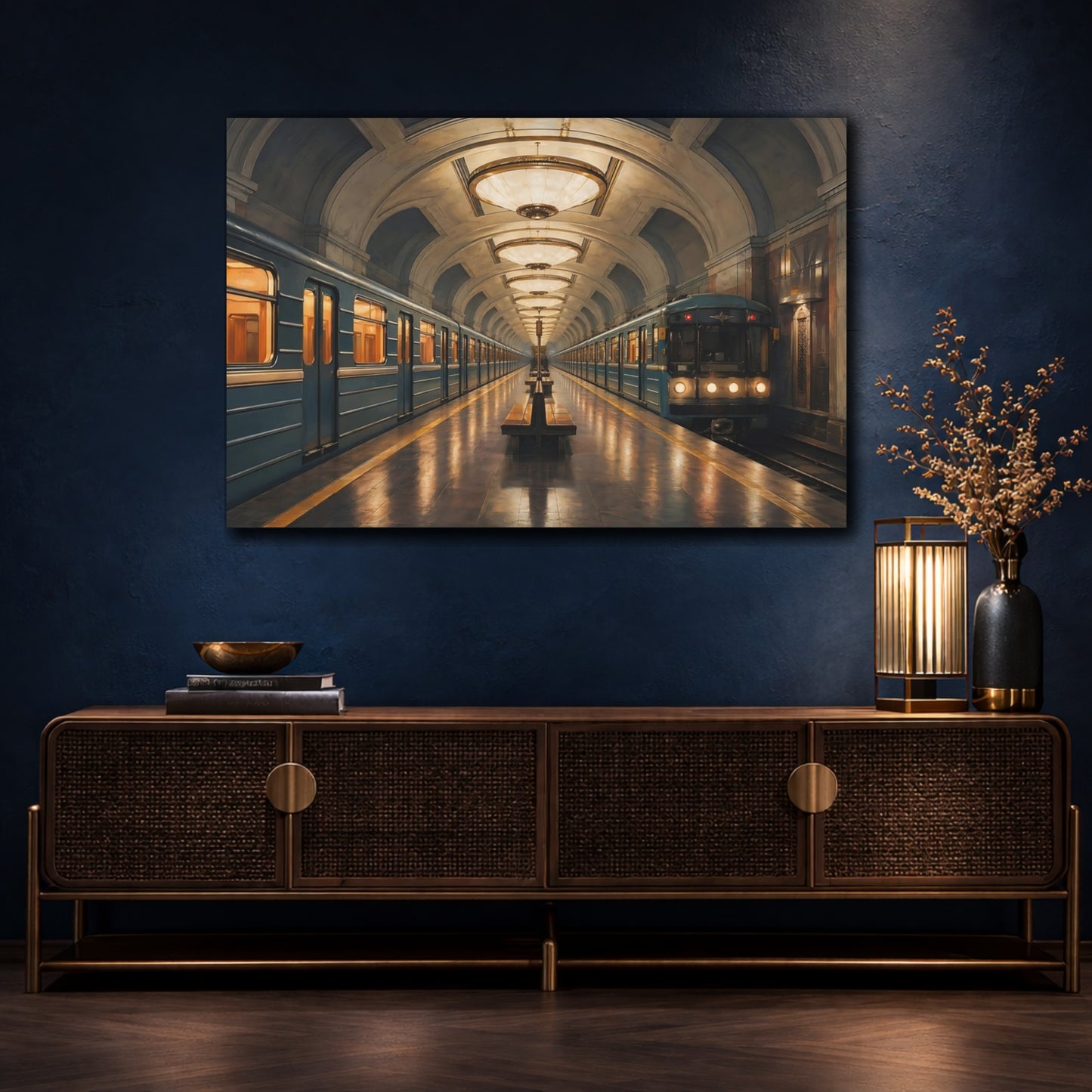 Mockup 4. Vintage Subway Station Blue And Gold shown as stretched canvas wall art