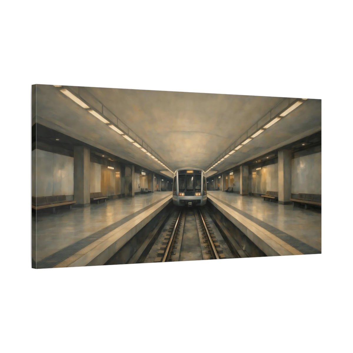 Side Mockup 1. Vintage Subway Train Gray And Beige Subway shown as stretched canvas wall art