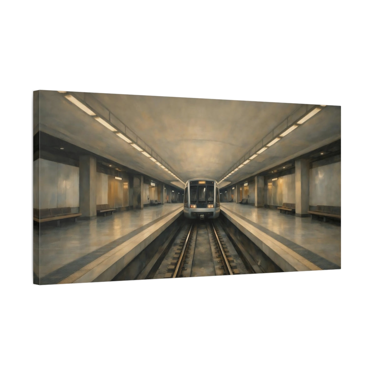 Side Mockup 2. Vintage Subway Train Gray And Beige Subway shown as stretched canvas wall art