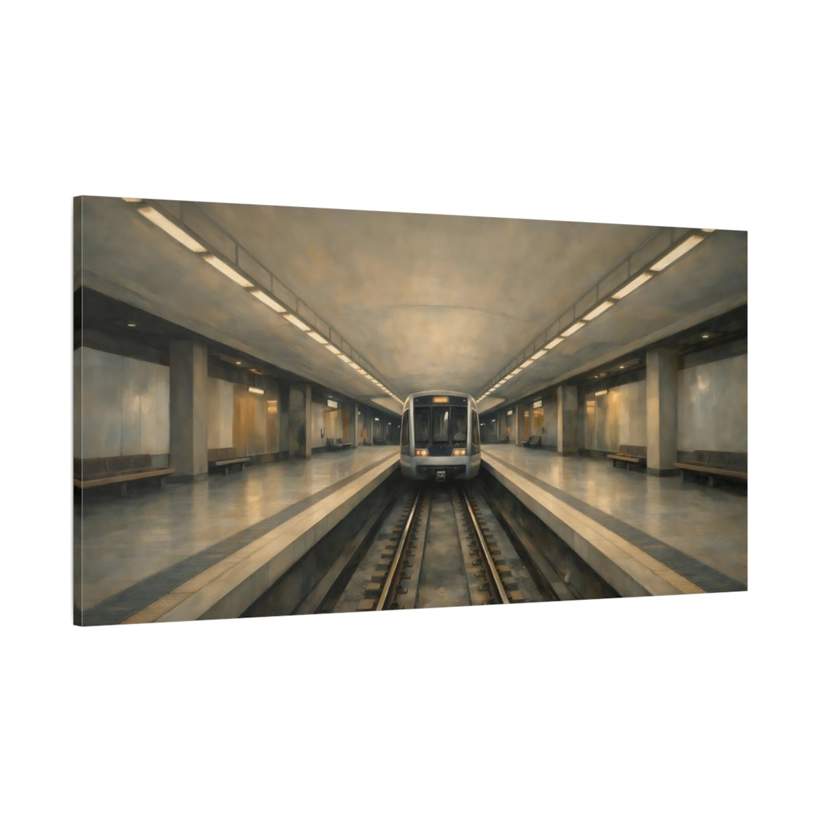 Main Mockup. Vintage Subway Train Gray And Beige Subway shown as stretched canvas wall art