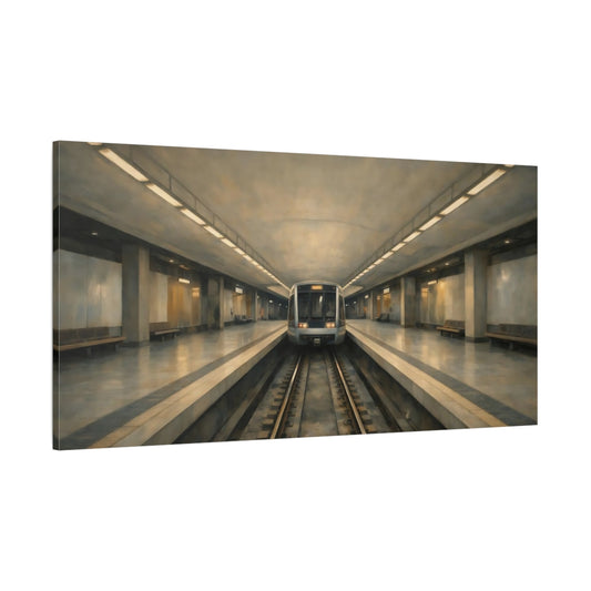 Main Mockup. Vintage Subway Train Gray And Beige Subway shown as stretched canvas wall art