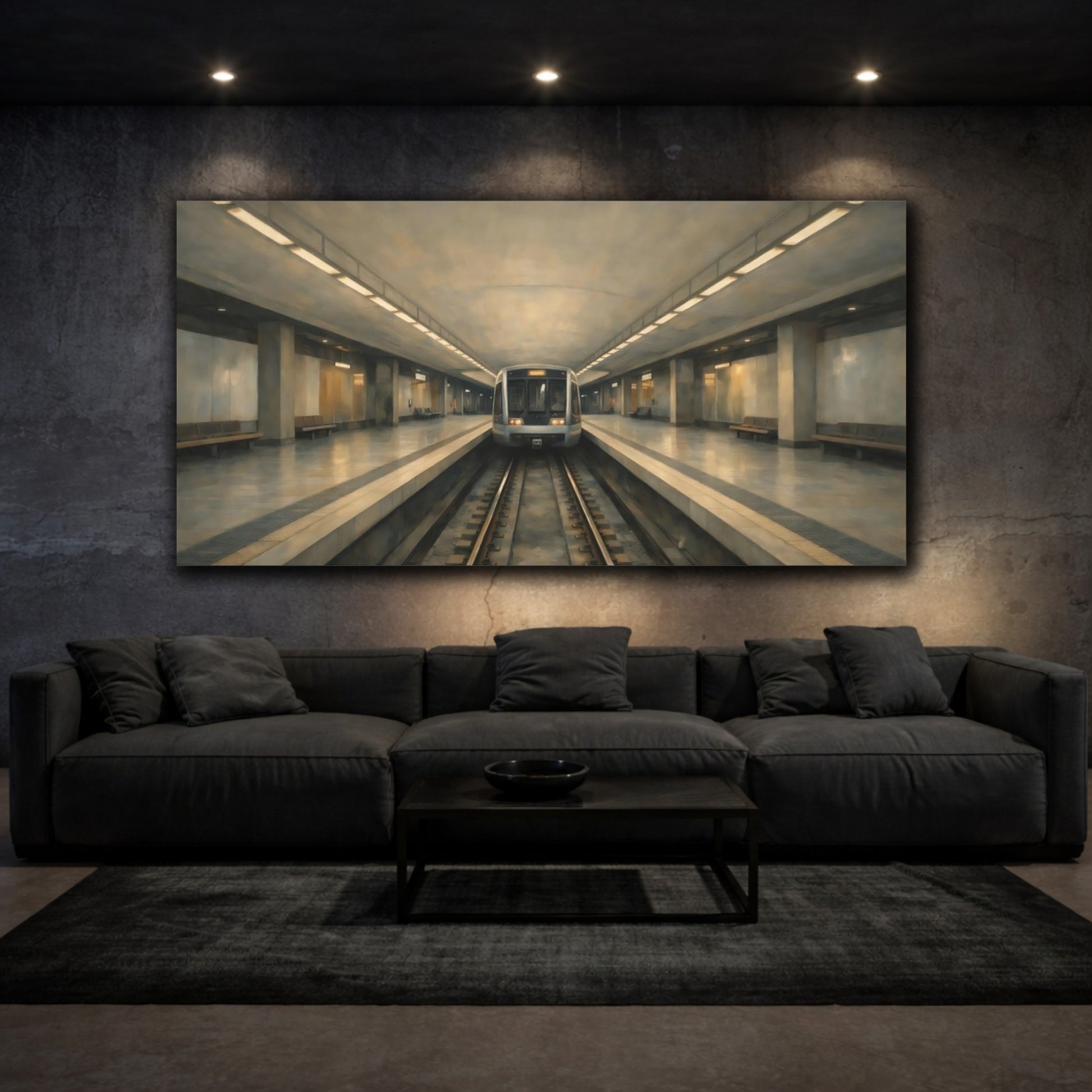 Mockup 2. Vintage Subway Train Gray And Beige Subway shown as stretched canvas wall art