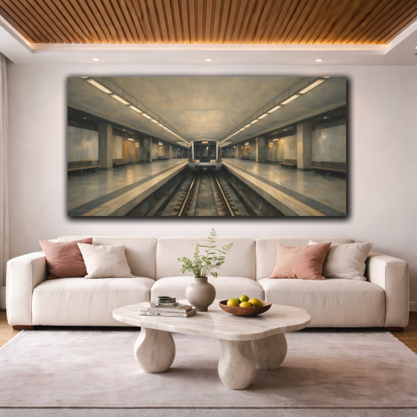 Mockup 3. Vintage Subway Train Gray And Beige Subway shown as stretched canvas wall art