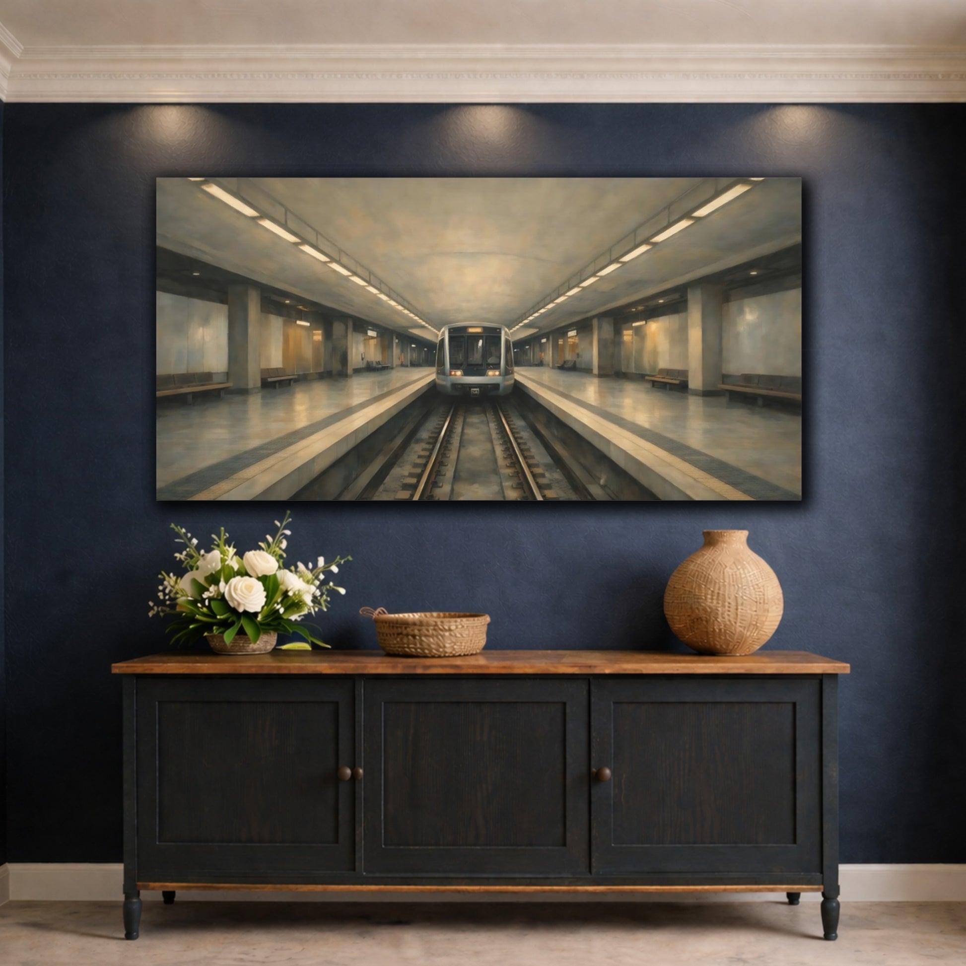 Mockup 4. Vintage Subway Train Gray And Beige Subway shown as stretched canvas wall art