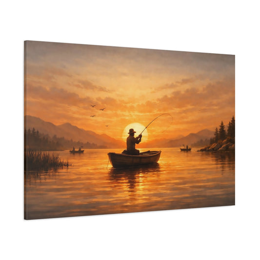 Main Mockup. Vintage Sunset Fishing shown as stretched canvas wall art