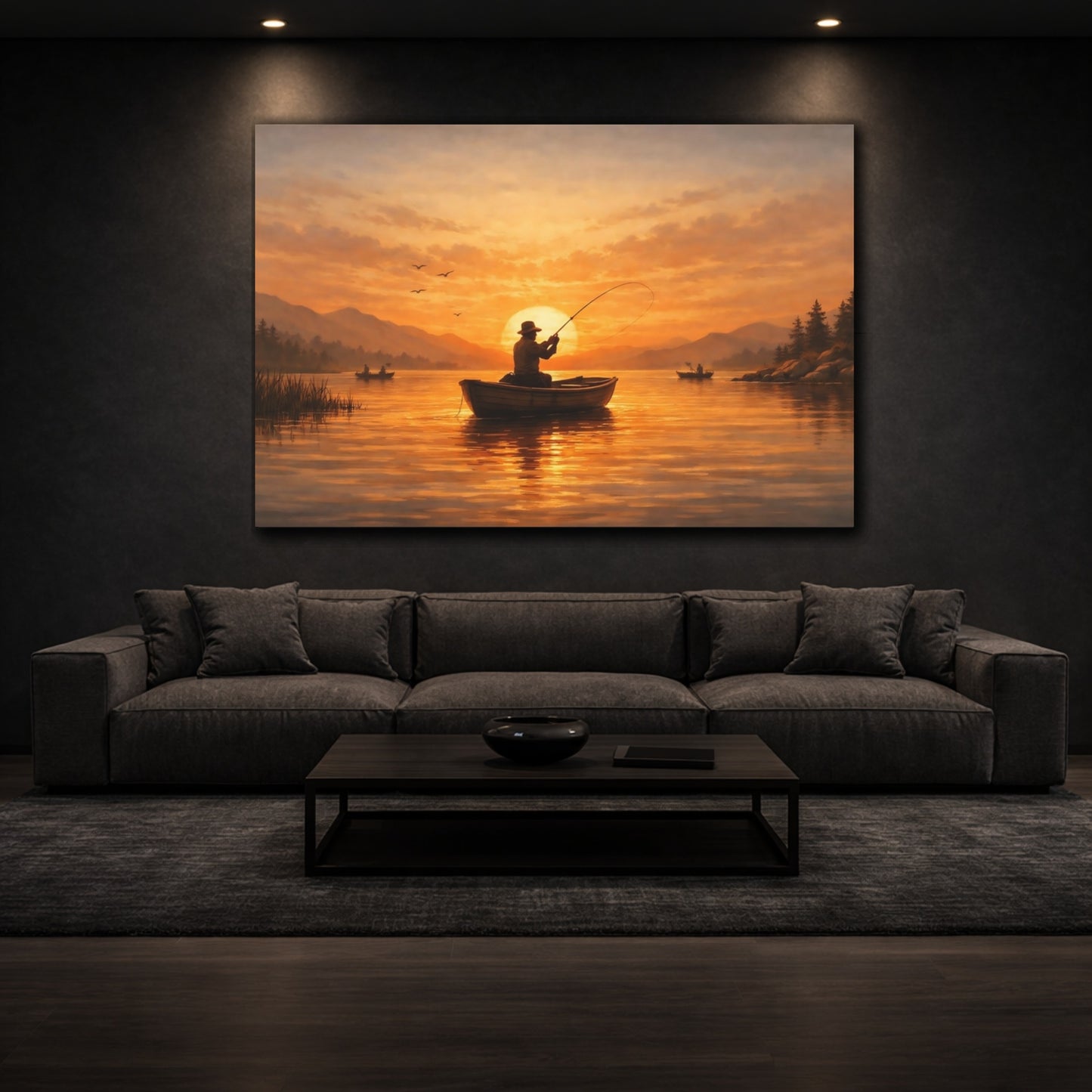 Mockup 2. Vintage Sunset Fishing shown as stretched canvas wall art