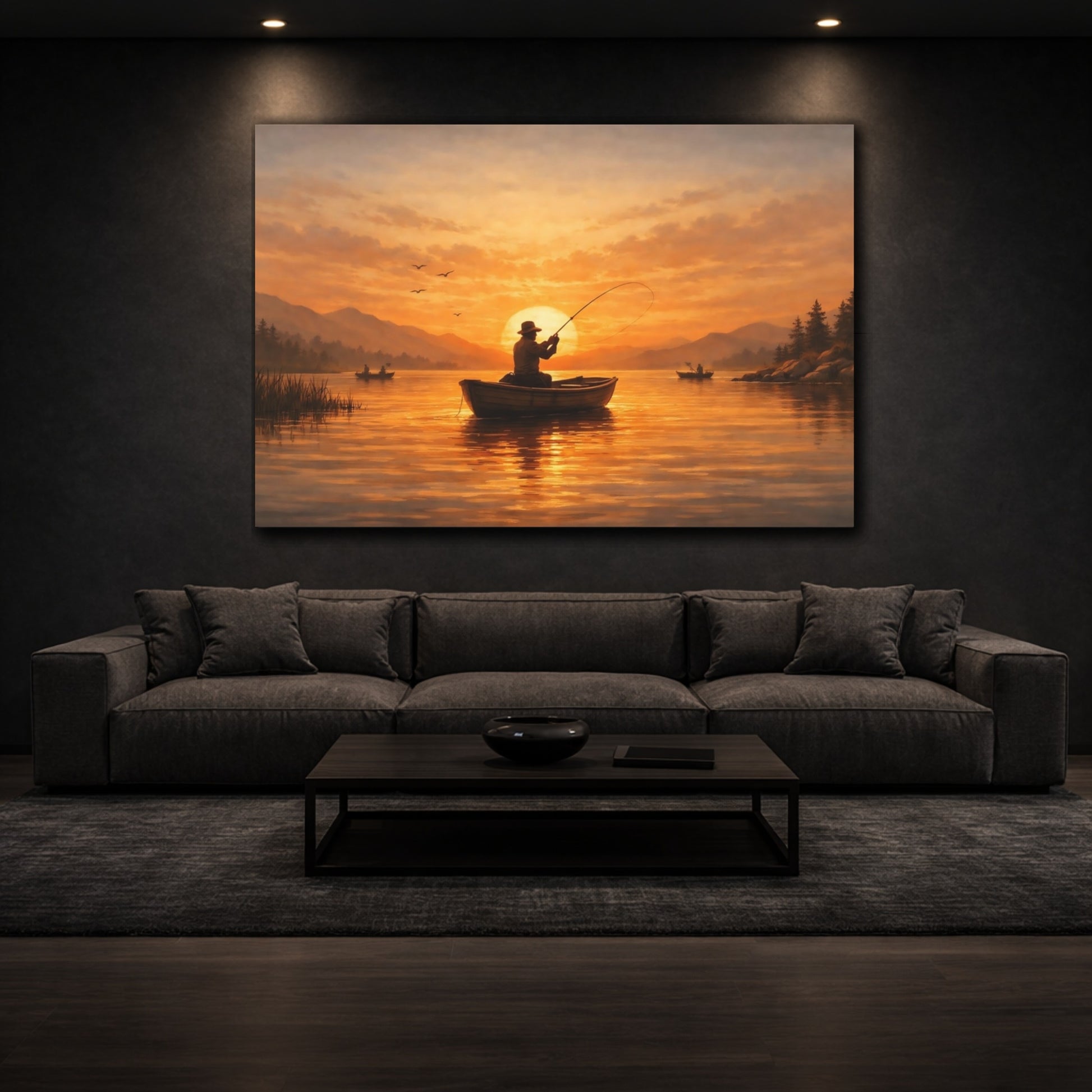 Mockup 2. Vintage Sunset Fishing shown as stretched canvas wall art