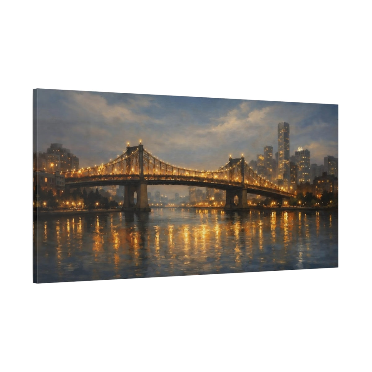 Main Mockup. Vintage Suspension Bridge Golden City Lights shown as stretched canvas wall art