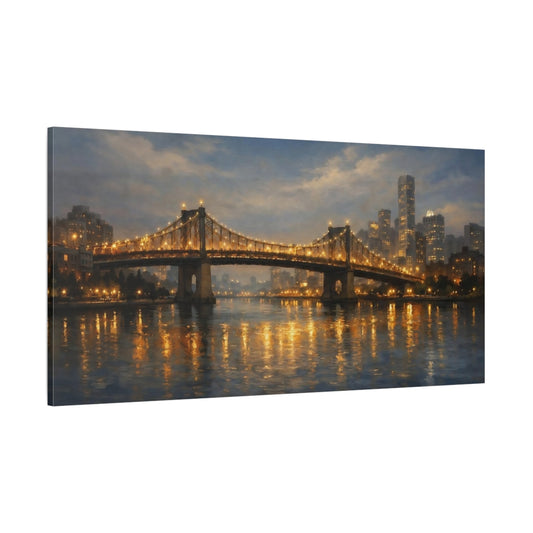 Main Mockup. Vintage Suspension Bridge Golden City Lights shown as stretched canvas wall art