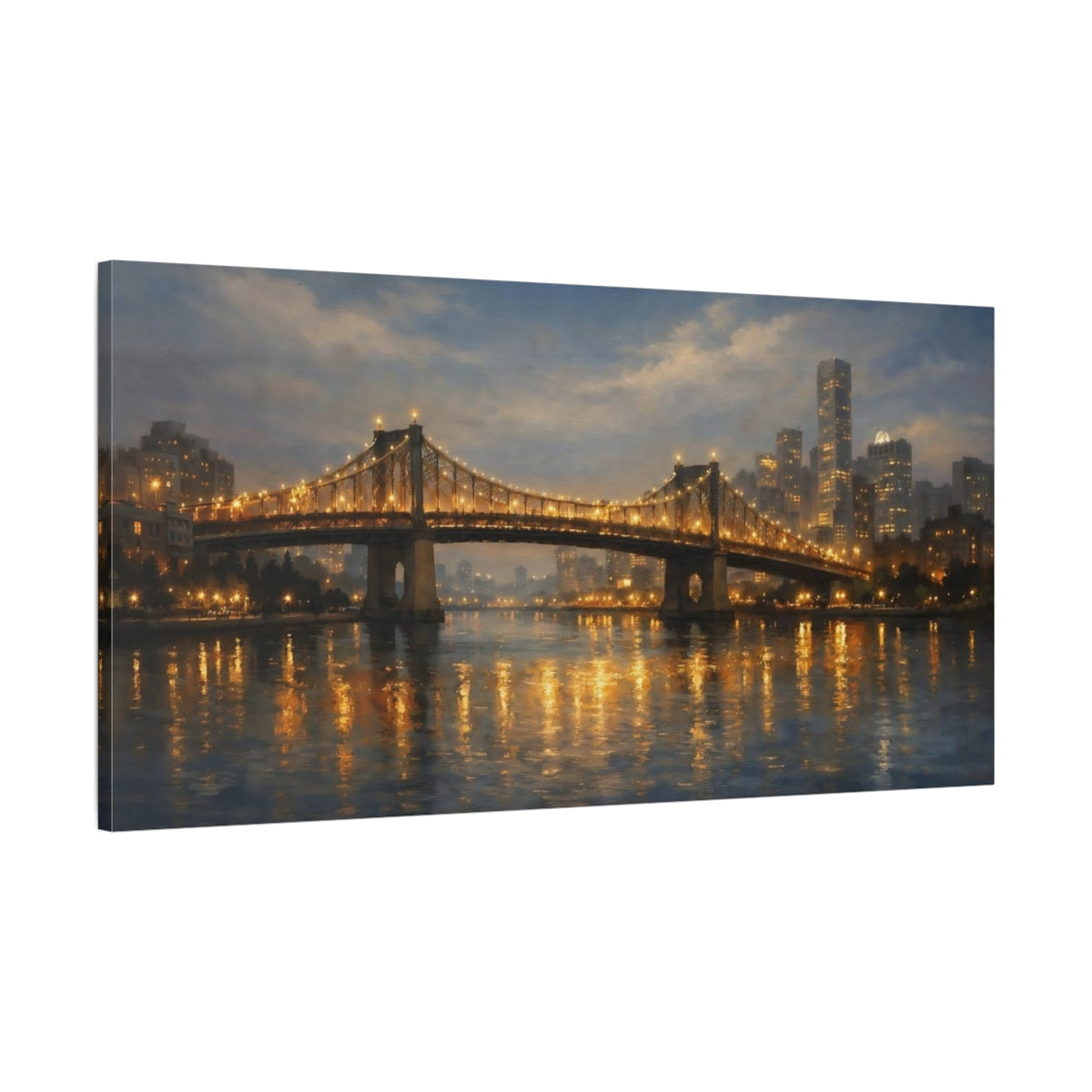 Side Mockup 1. Vintage Suspension Bridge Golden City Lights shown as stretched canvas wall art