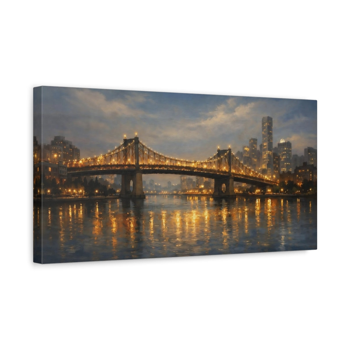 Side Mockup 3. Vintage Suspension Bridge Golden City Lights shown as stretched canvas wall art