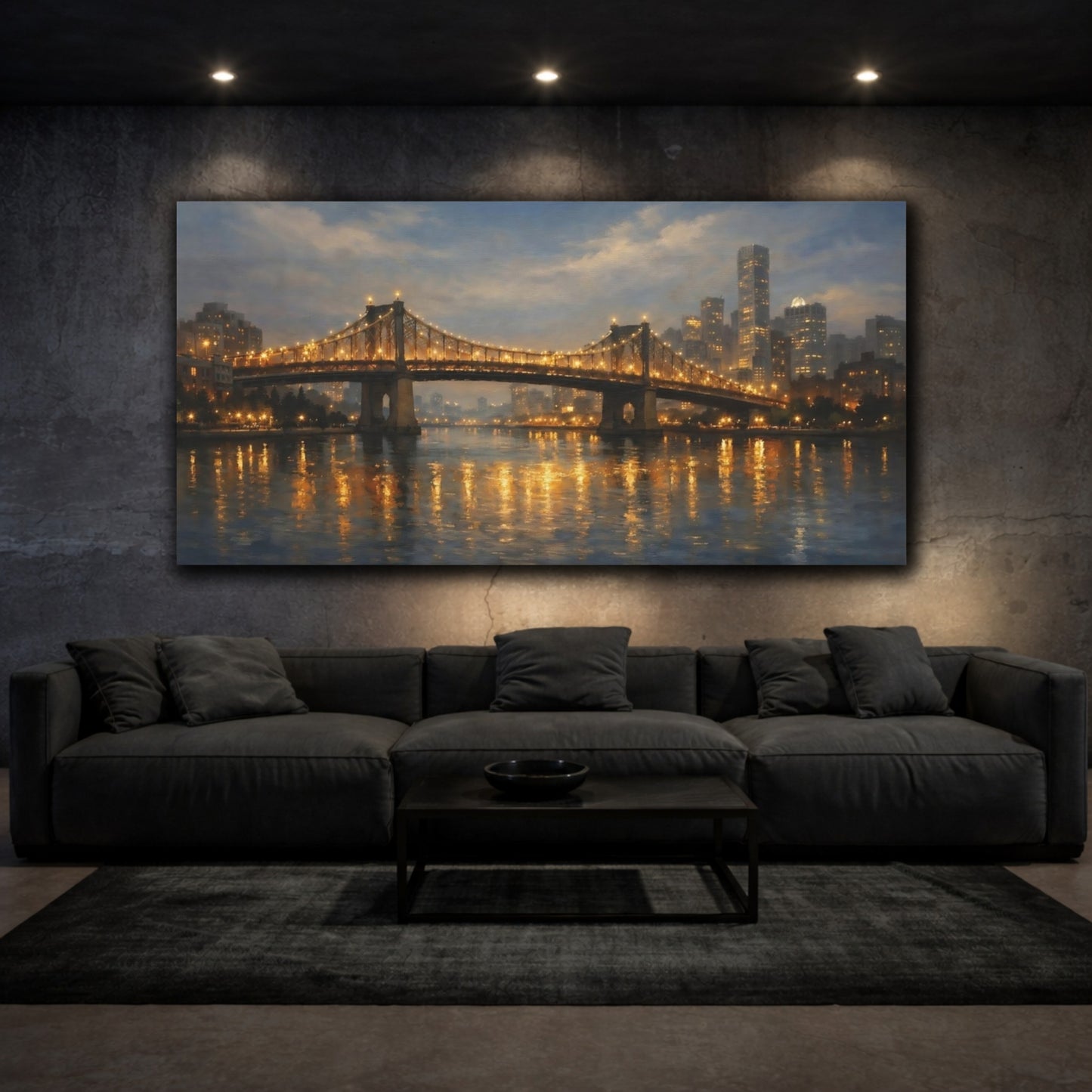 Mockup 2. Vintage Suspension Bridge Golden City Lights shown as stretched canvas wall art