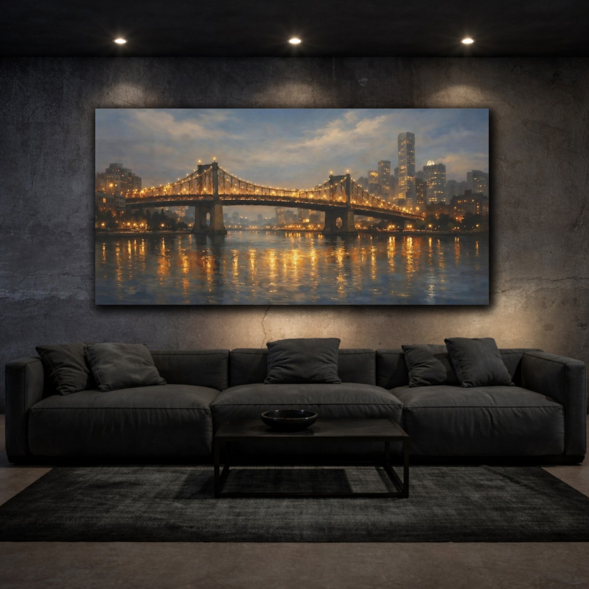 Mockup 2. Vintage Suspension Bridge Golden City Lights shown as stretched canvas wall art