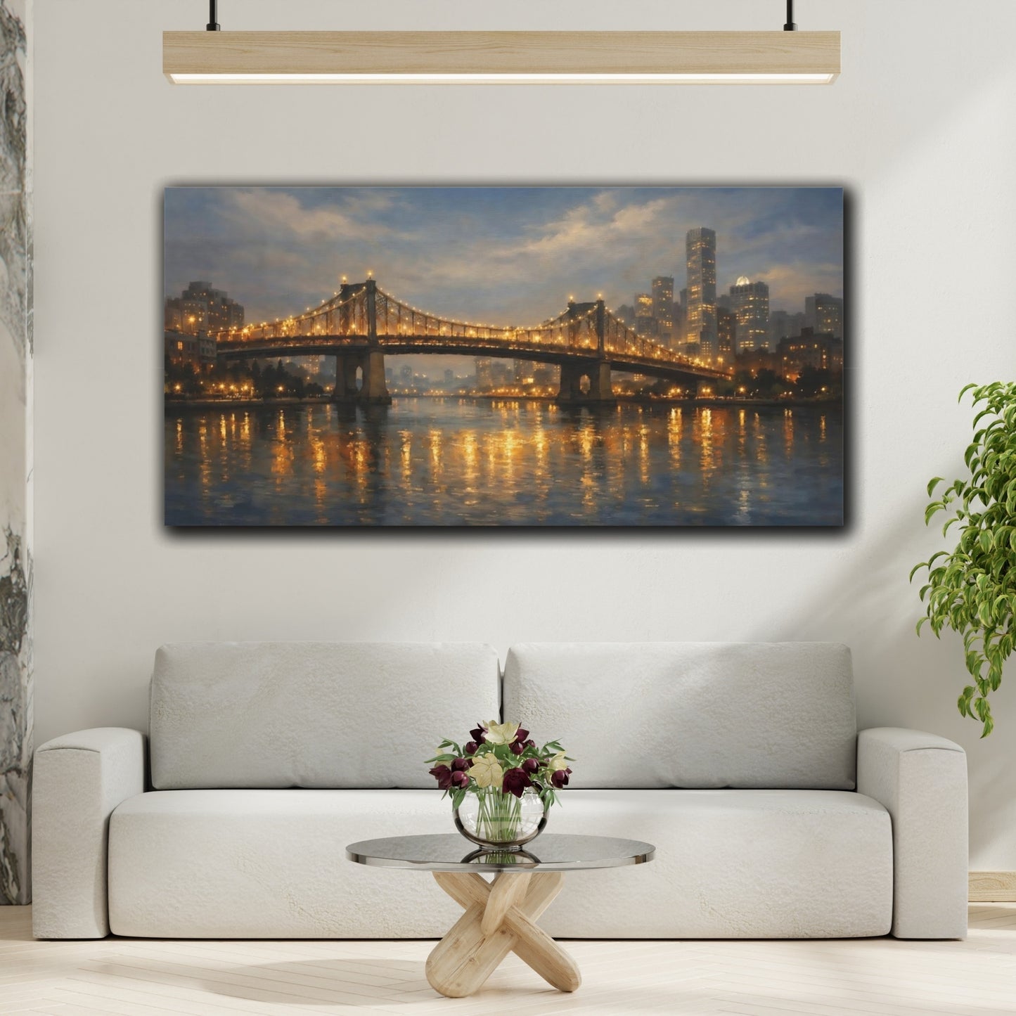 Mockup 3. Vintage Suspension Bridge Golden City Lights shown as stretched canvas wall art