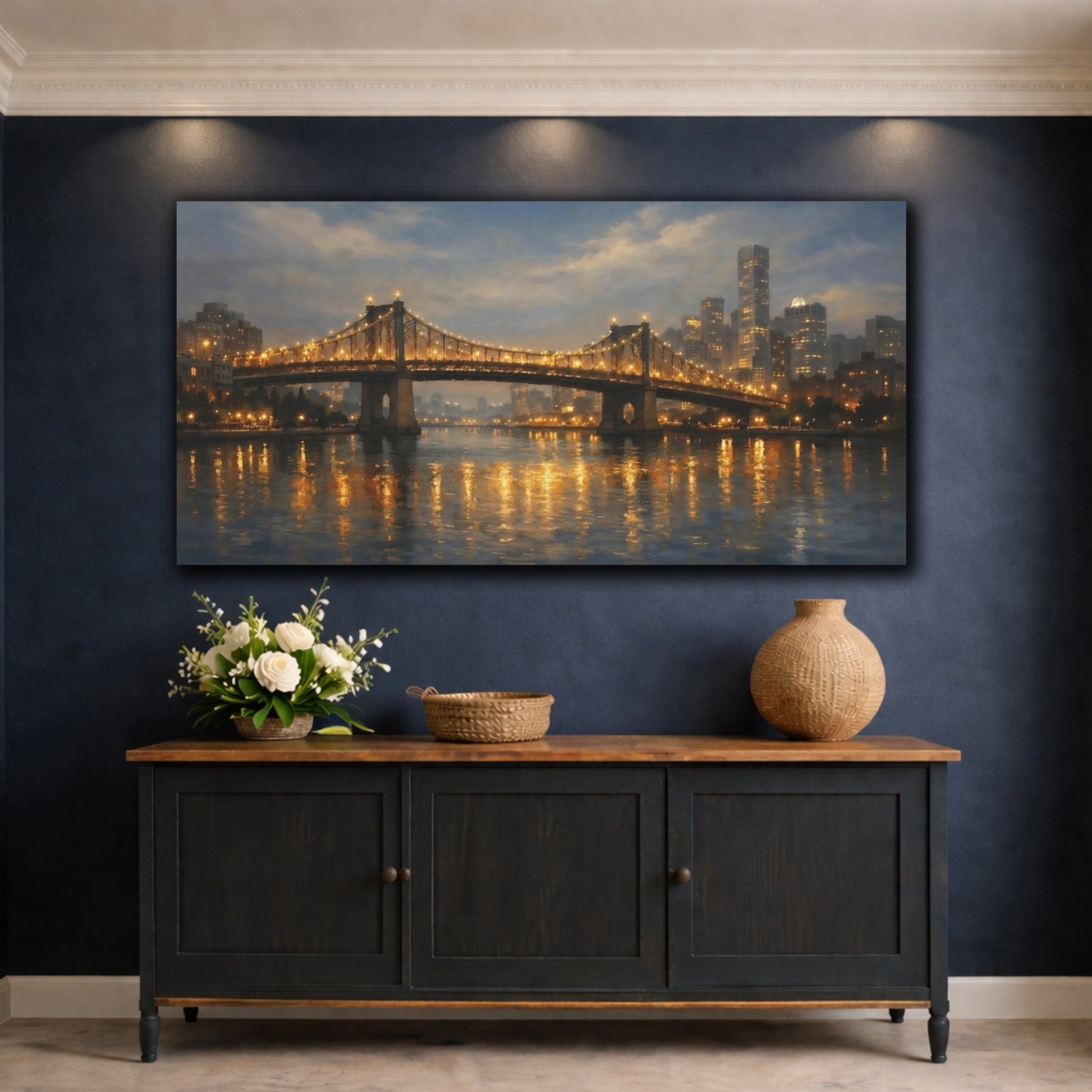 Mockup 4. Vintage Suspension Bridge Golden City Lights shown as stretched canvas wall art