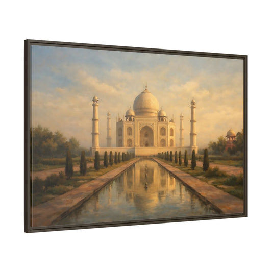 Main Mockup. Vintage Taj Mahal Cream Gold Architecture shown as stretched canvas wall art