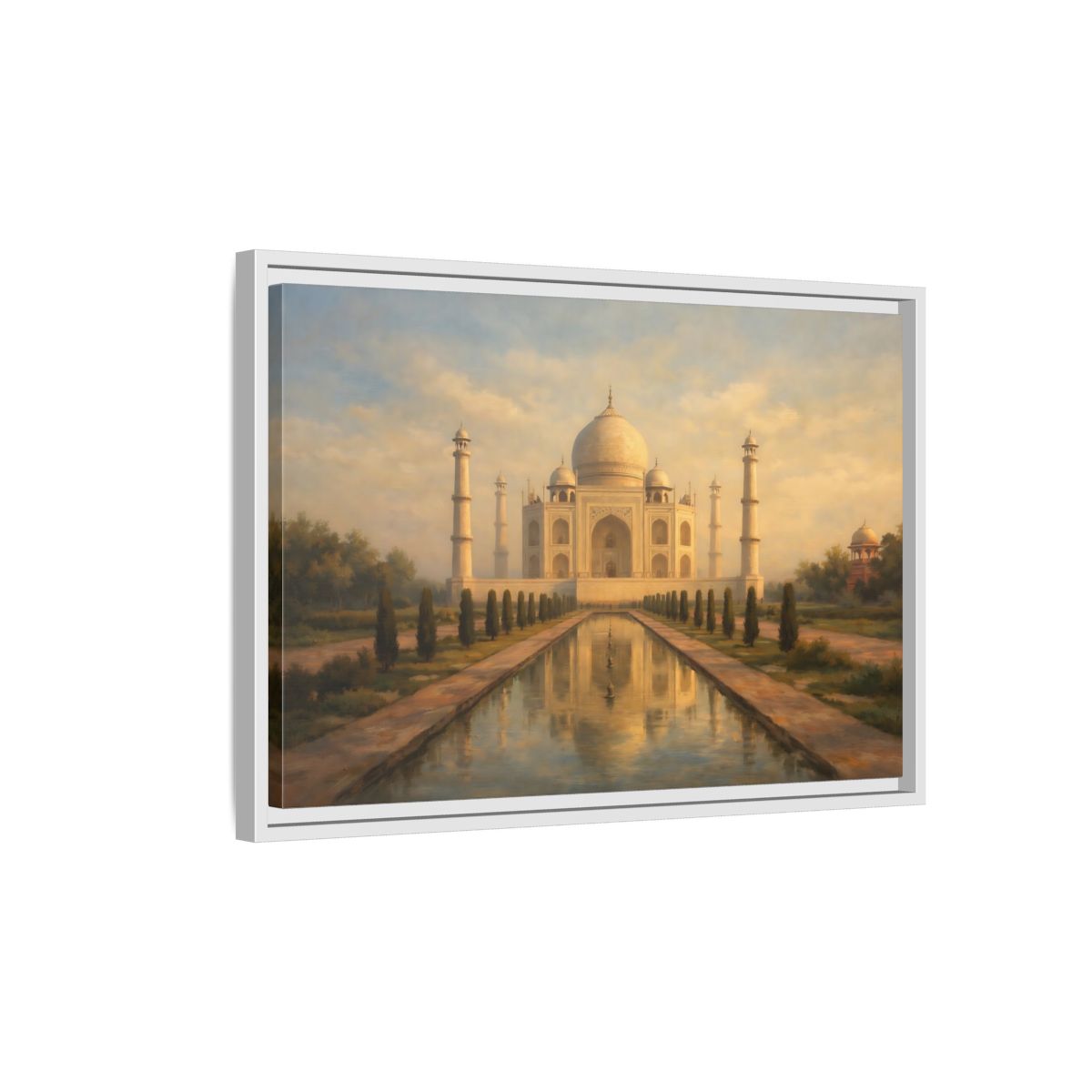 Side Mockup 1. Vintage Taj Mahal Cream Gold Architecture shown as stretched canvas wall art