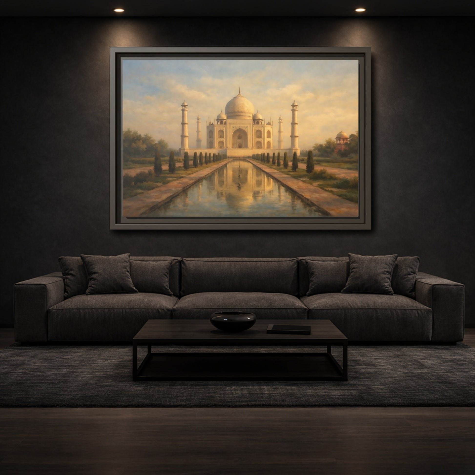 Mockup 2. Vintage Taj Mahal Cream Gold Architecture shown as stretched canvas wall art