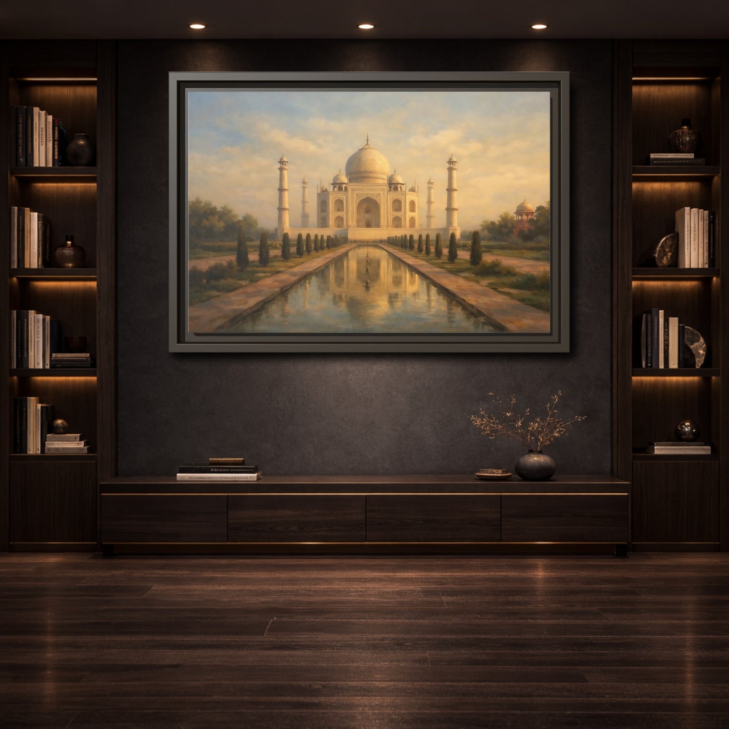 Mockup 3. Vintage Taj Mahal Cream Gold Architecture shown as stretched canvas wall art