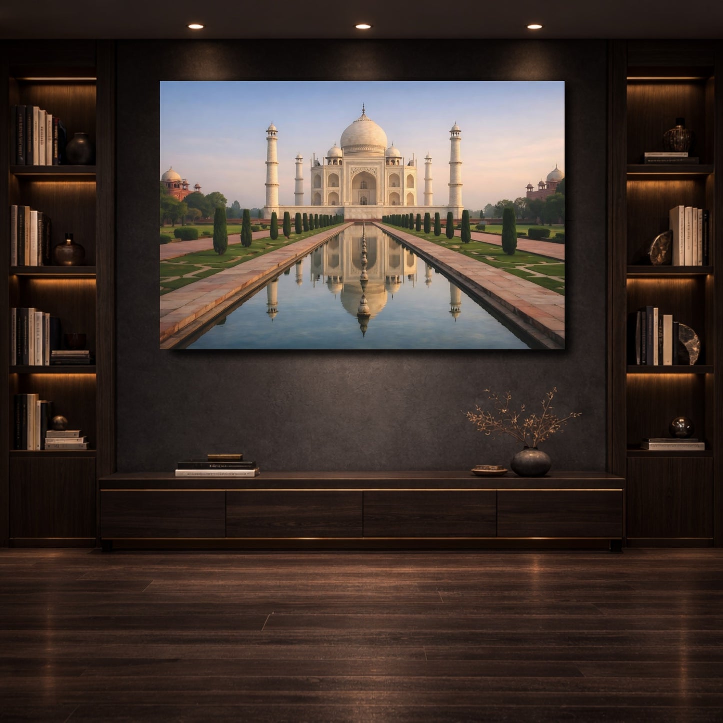 Mockup 3. Vintage Taj Mahal Taj Mahal White shown as stretched canvas wall art