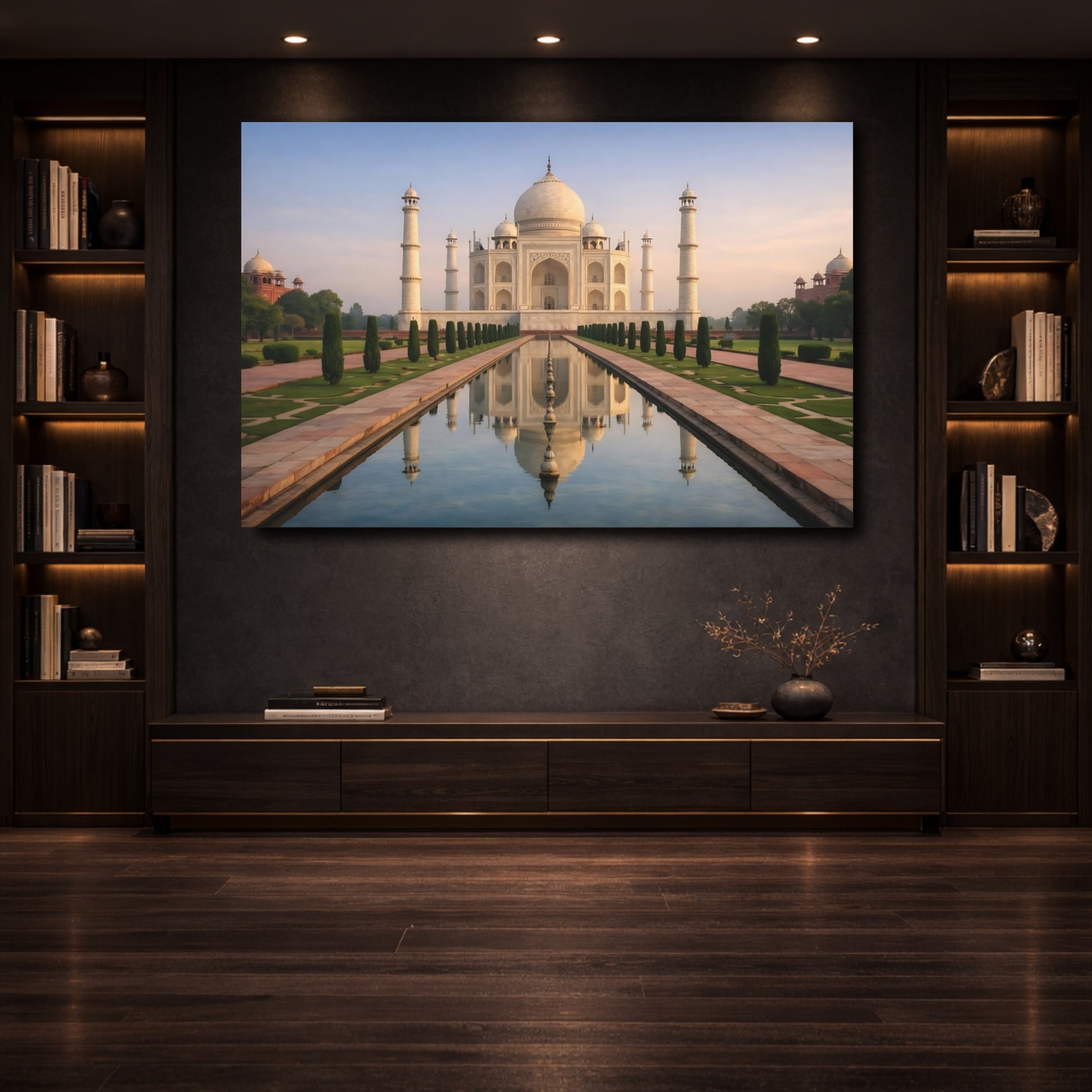 Mockup 3. Vintage Taj Mahal Taj Mahal White shown as stretched canvas wall art