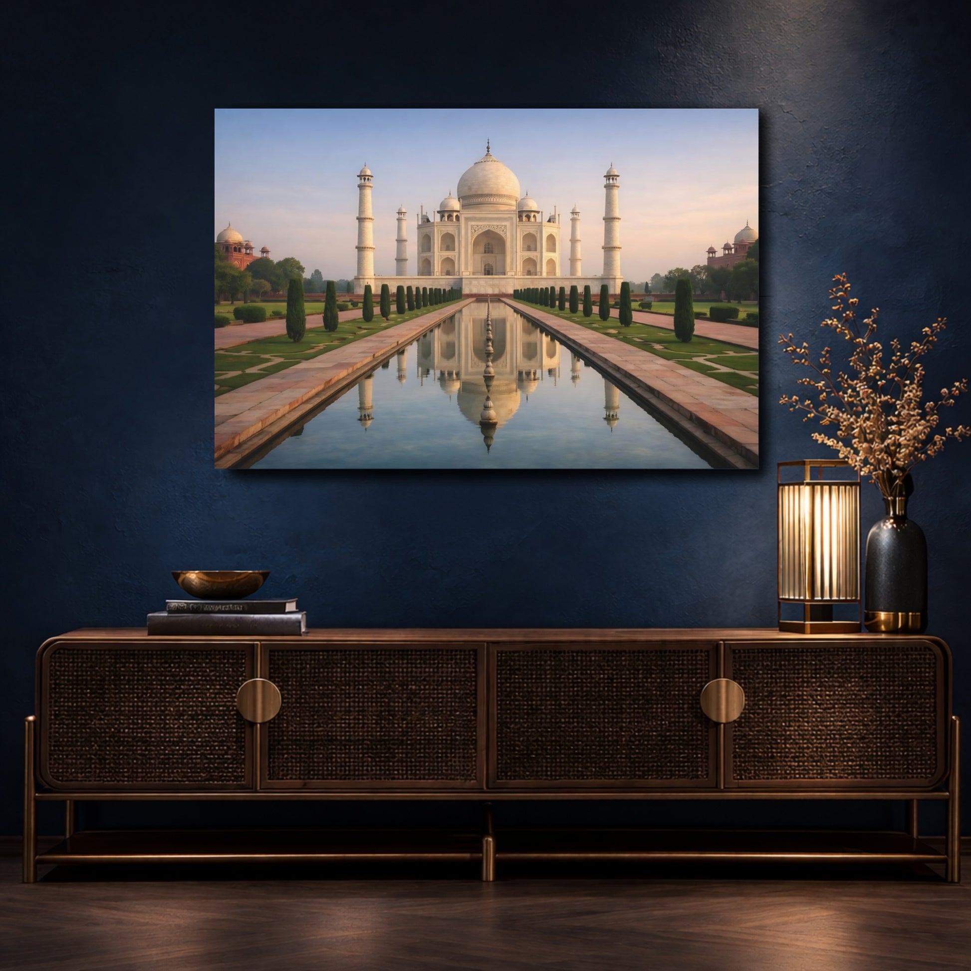 Mockup 4. Vintage Taj Mahal Taj Mahal White shown as stretched canvas wall art