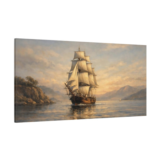 Main Mockup. Vintage Tall Ship Golden Seascape shown as stretched canvas wall art