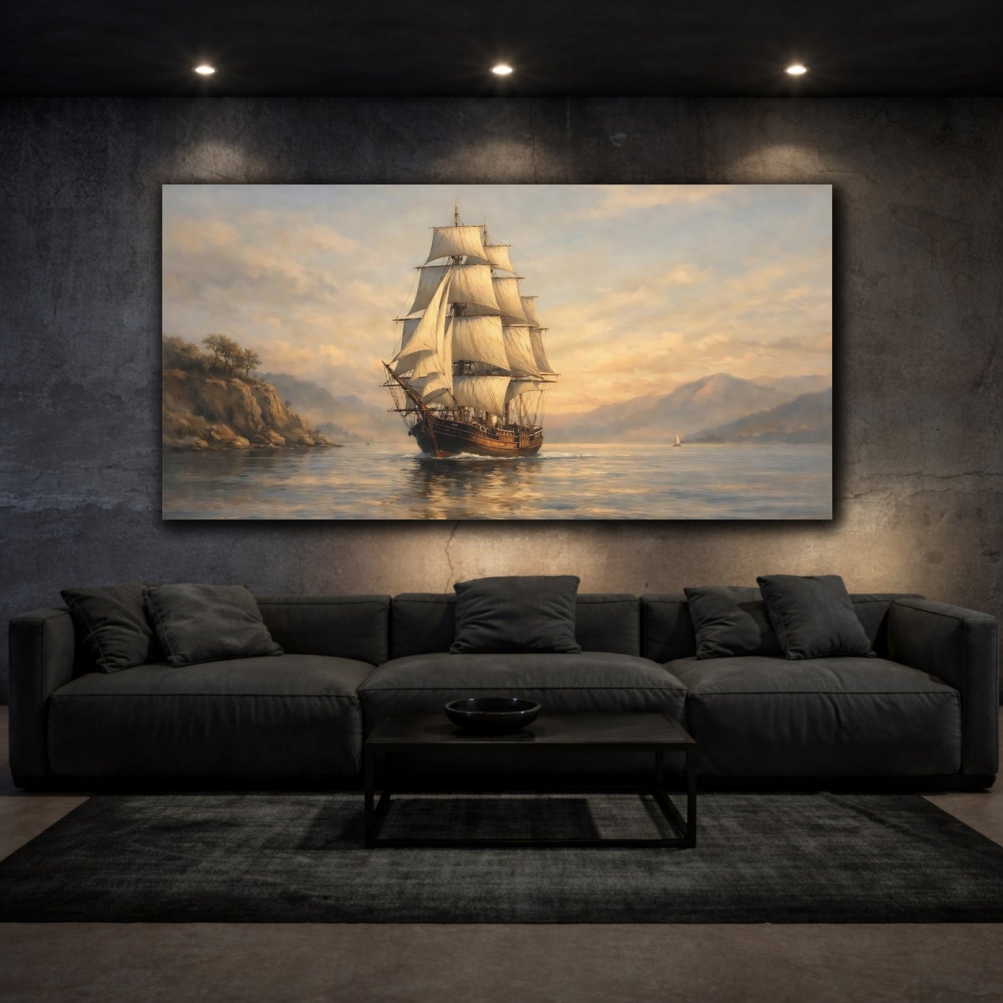 Mockup 2. Vintage Tall Ship Golden Seascape shown as stretched canvas wall art