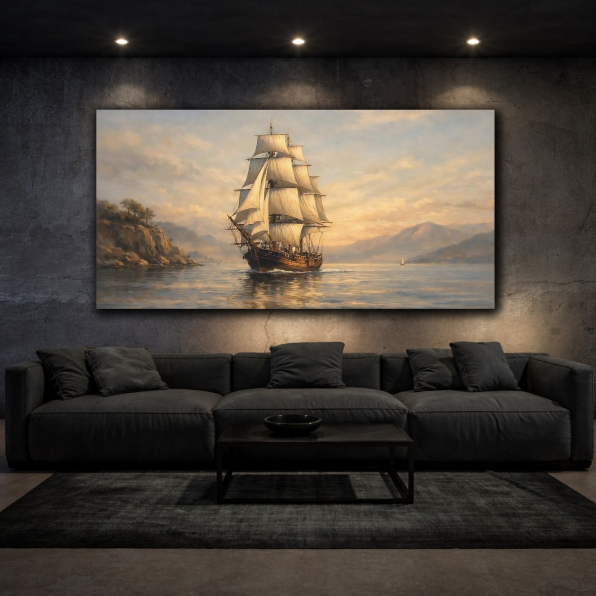 Mockup 2. Vintage Tall Ship Golden Seascape shown as stretched canvas wall art