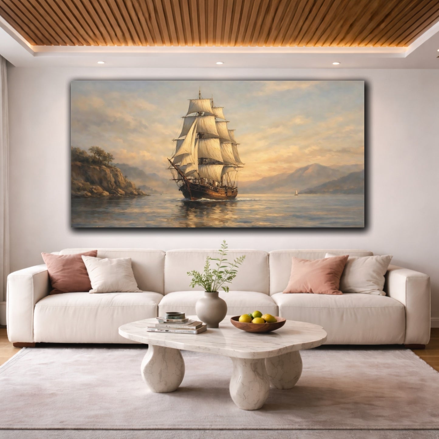 Mockup 3. Vintage Tall Ship Golden Seascape shown as stretched canvas wall art